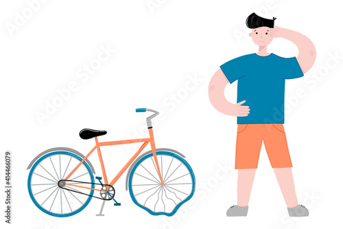 A guy with broken bicycle Vector Illustration.