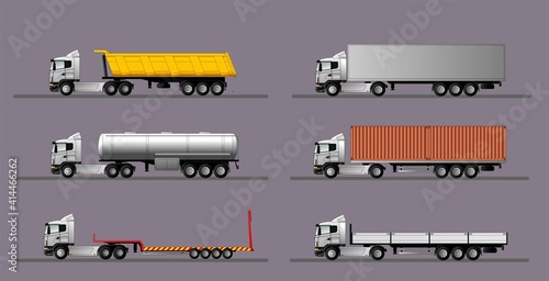 A set of images of a modern european truck with different variants of semi-trailers.