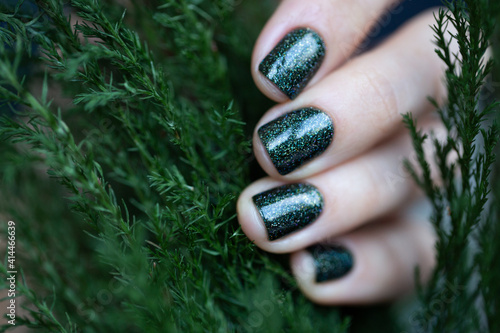 Woman's neat fingers with short natural nails painted with sparkling dark green nail polish. Winter colours, cypress leaves, natural and elegant look.