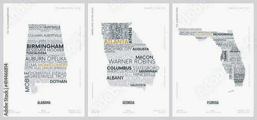 Typography composition of city names, silhouettes maps of the states of America, vector detailed posters, Division South Atlantic and East South Central - Alabama, Georgia, Florida - set 10 of 17