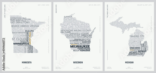 Typography composition of city names, silhouettes maps of the states of America, vector detailed posters, The Great Lakes region - Minnesota, Wisconsin,  Michigan - set 5 of 17