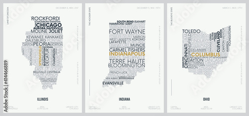 Typography composition of city names, silhouettes maps of the states of America, vector detailed posters, Division East North Central - Illinois, Indiana, Ohio - set 4 of 17