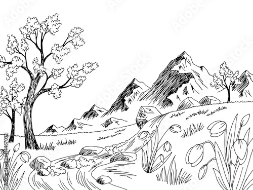 Spring graphic black white landscape tree sketch illustration vector 