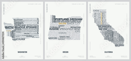 Typography composition of city names, silhouettes maps of the states of America, vector detailed posters, Division Pacific - Washington, Oregon, California - set 16 of 17