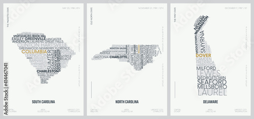 Typography composition of city names, silhouettes maps of the states of America, vector detailed posters, Division South Atlantic - South Carolina, North Carolina, Delaware - set 9 of 17