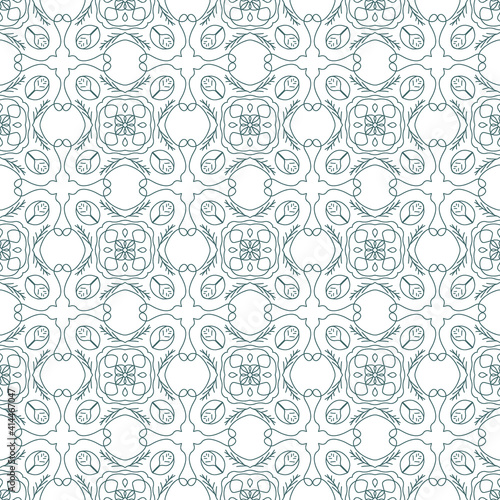 Geometric pattern on ceramic tiles. Seamless pattern. Portuguese or Spanish or Moroccan traditional national ornament. Vector mandalas. Floral pattern in turquoise color on a white background.