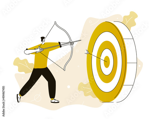 A man shoots an arrow at a target. A metaphor for setting and achieving a goal. Purposefulness and motivation. Vector illustration  for telework, remote working and freelancing concept, business, star