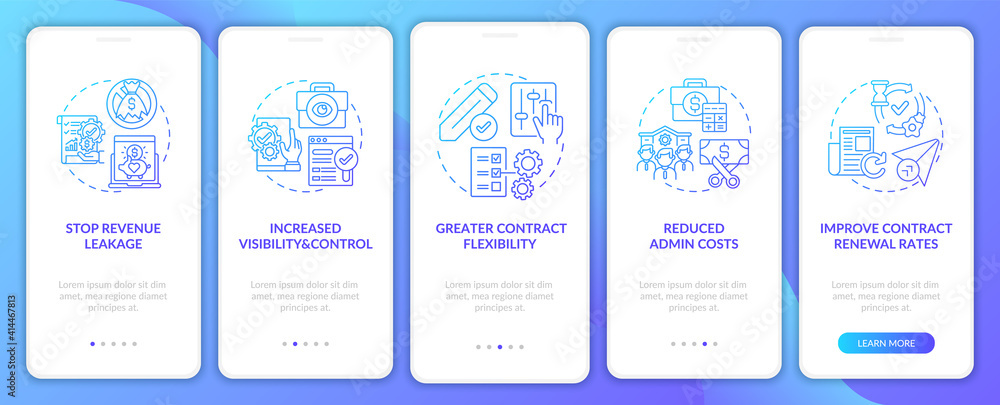 Contract management automation benefits onboarding mobile app page screen with concepts. Reduce cost walkthrough 5 steps graphic instructions. UI vector template with RGB color illustrations