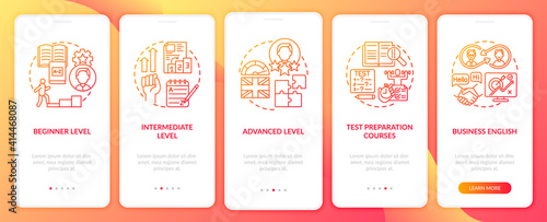 Language studying levels onboarding mobile app page screen with concepts. Intermediate, high level walkthrough 5 steps graphic instructions. UI vector template with RGB color illustrations