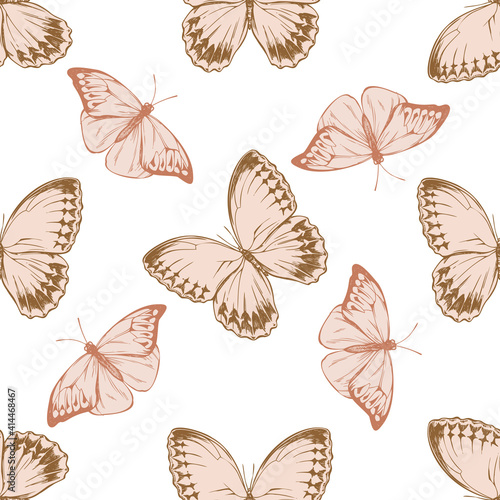 Seamless pattern with hand drawn pastel great orange-tip, jungle queens