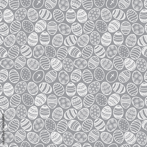 Vector Doodle Easter Eggs seamless pattern. Cartoon hand drawn traditional religious Holiday symbols. Cute Grey white background, backdrop for design print, wrapping paper, packaging, textile