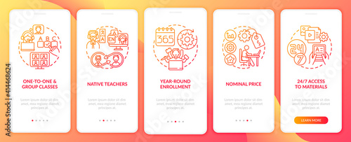 Online English courses benefits onboarding mobile app page screen with concepts. Native tutors, group classes walkthrough 5 steps graphic instructions. UI vector template with RGB color illustrations