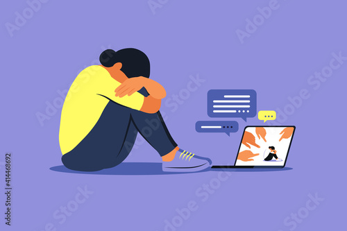 Cyber bullying concept. Depressed woman sitting on the floor. Opinion and the pressure of society. Shame. Vector flat photo