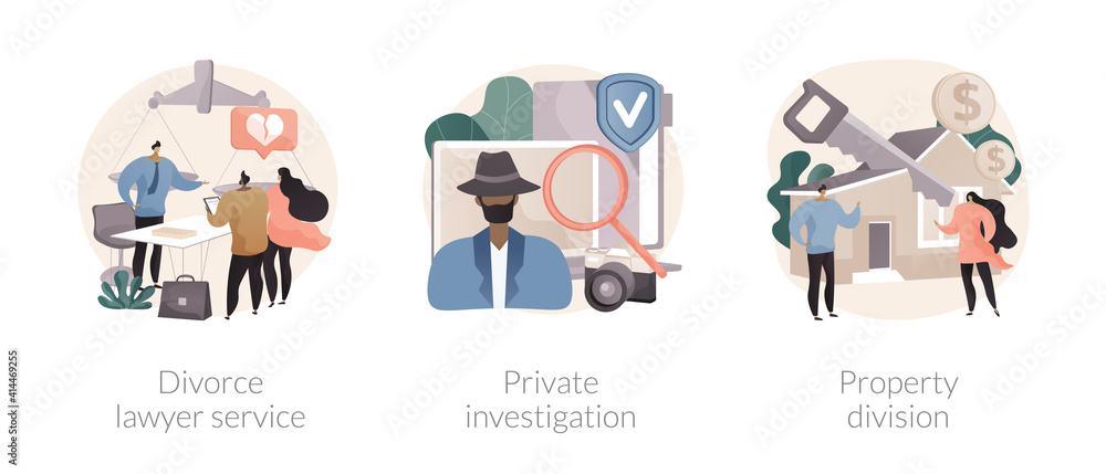 Legal service and investigation abstract concept vector illustration set. Divorce lawyer, private investigation, property division, family lawyer, detective agency, separation abstract metaphor.