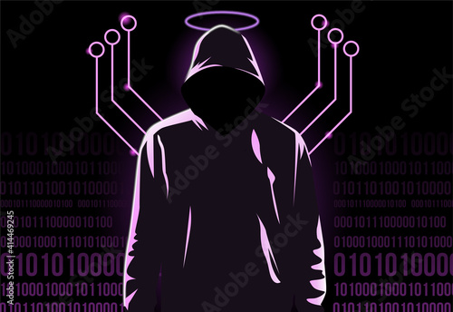 hacker illustration. Kind hacker with angel ring