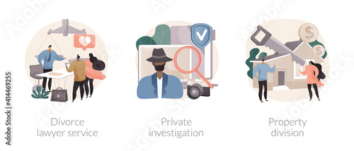 Legal service and investigation abstract concept vector illustration set. Divorce lawyer, private investigation, property division, family lawyer, detective agency, separation abstract metaphor.