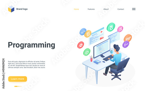 People programming isometric vector illustration. Cartoon professional programmer developer or coder man character working with code script program language in editor on computer screen landing page