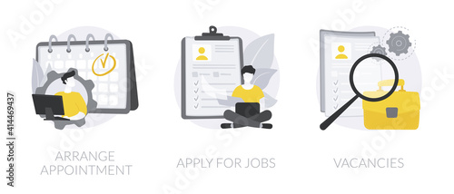 HR service abstract concept vector illustration set. Arrange appointment, apply for jobs, vacancies list, start career, company webpage, apply online, find job opportunity abstract metaphor.
