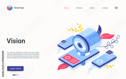 Digital vision technology isometric vector illustration. Cartoon 3d abstract machine with human eye, futuristic science equipment for research data analysis, search for business strategy landing page