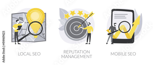 Search engine marketing abstract concept vector illustration set. Local SEO, reputation management, mobile optimization, targeted web search, public relations, social media abstract metaphor.