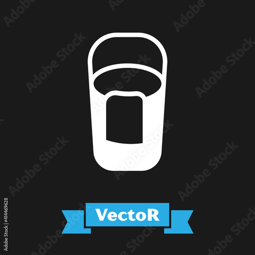 White Bucket with rag icon isolated on black background. Cleaning service concept. Vector.