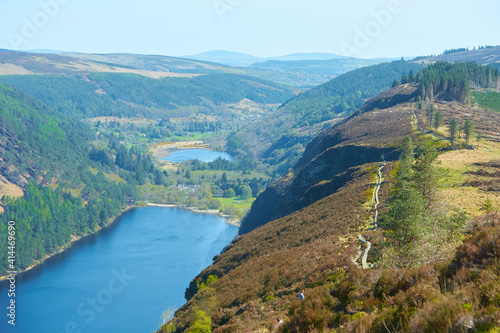 Panorama of Lake Lough Tay or The Guinness Lake. County Wicklow, Wicklow Mountains National Park, Ireland.