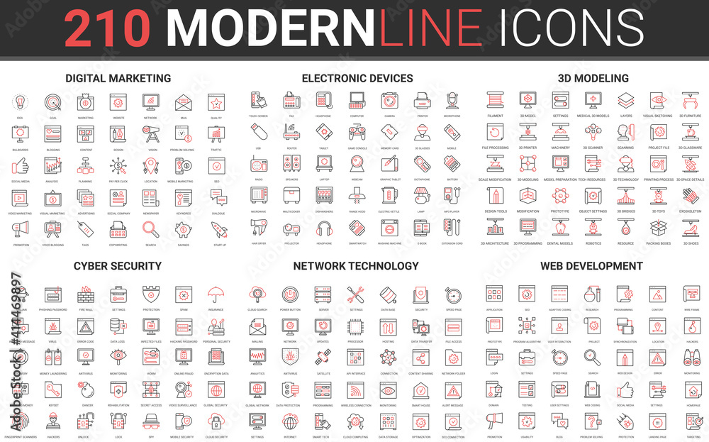 210 modern red black thin line icons set of cyber security, network ...