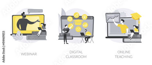 Online education abstract concept vector illustration set. Webinar, digital classroom, online teaching, smart flipped classroom, video course, peer level meetings, elearning abstract metaphor.