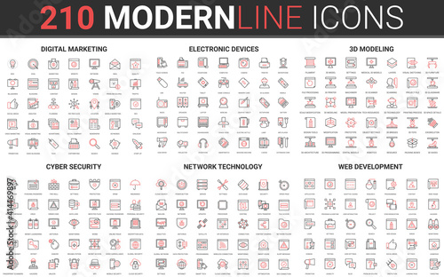 210 modern red black thin line icons set of cyber security, network technology, web development, digital marketing, electronic devices, 3d modeling collection vector illustration.