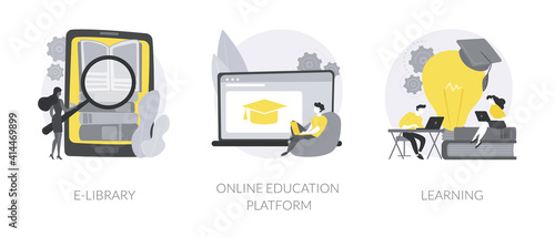 Elearning courses abstract concept vector illustration set. E-library, online education platform, learning, ebook reader, webcam conference at laptop screen, study skills abstract metaphor.