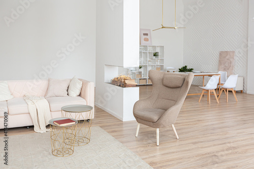 interior design spacious bright studio apartment in Scandinavian style and warm pastel white and beige colors. trendy furniture in the living area and modern details in the kitchen area. © 4595886