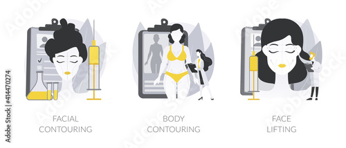 Beauty procedure abstract concept vector illustration set. Facial and body contouring, face lifting, plastic surgery, anti-age treatment, aesthetic cosmetic, skin rejuvenation abstract metaphor.