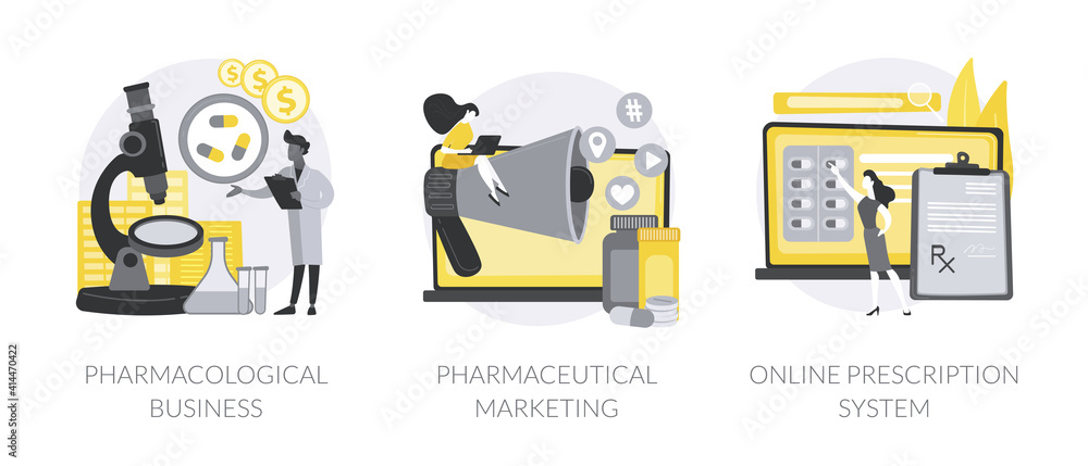 Pharmacy industry abstract concept vector illustration set. Pharmacological business, pharmaceutical marketing, online prescription system, medical equipment, e-prescribing abstract metaphor. Pharmacy industry abstract concept vector illustration set. Pharmacological business, pharmaceutical marketing, online prescription system, medical equipment, e-prescribing abstract metaphor.