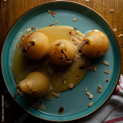 Poached pears with salted caramel sauce