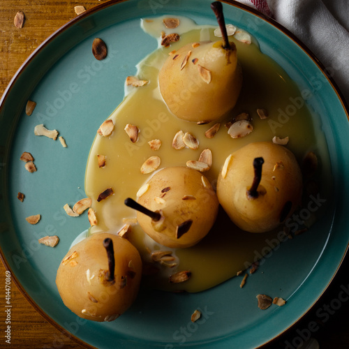 Poached pears with salted caramel sauce