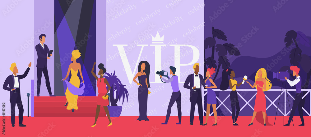 Celebrity party vector illustration. Cartoon actor man woman, Hollywood ...