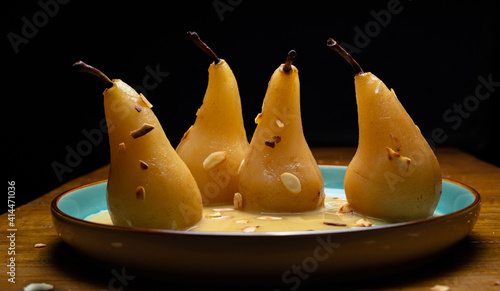 Poached pears with salted caramel sauce