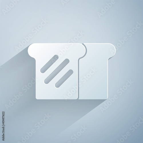 Paper cut Bread toast for sandwich piece of roasted crouton icon isolated on grey background. Lunch, dinner, breakfast snack. Paper art style. Vector.
