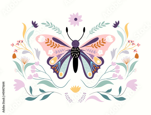 Floral butterfly isolated on white, floral poster, banner, wall art, modern design