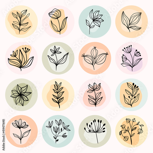 Abstract social media highlight covers, modern minimalist design, art line different plants and flowers