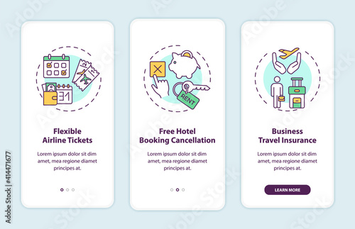 Covid related marketing tips onboarding mobile app page screen with concepts. Flexible airline tickets walkthrough 3 steps graphic instructions. UI vector template with RGB color illustrations