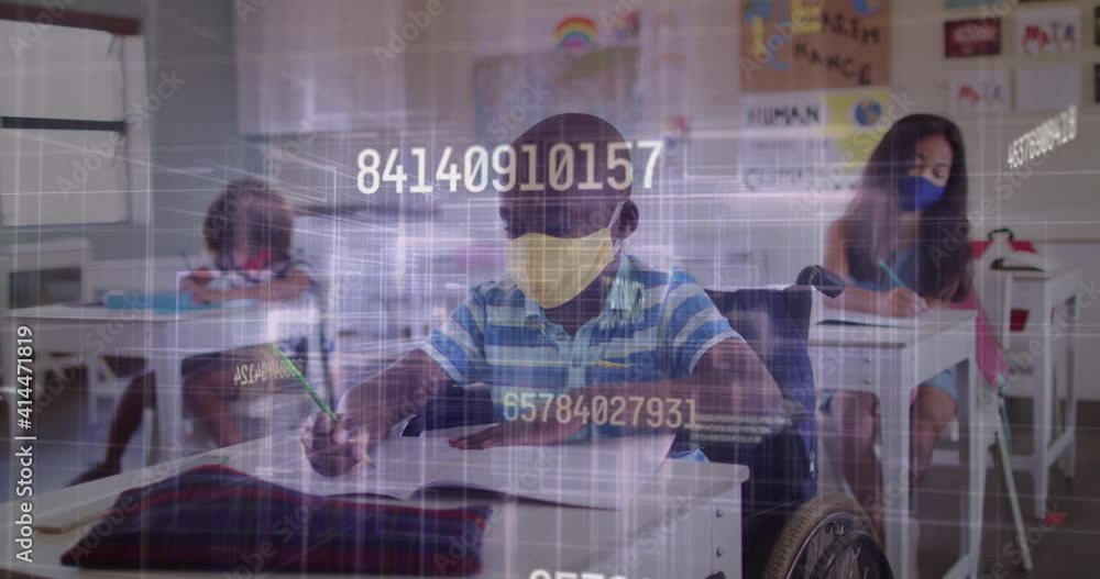 Multiple increasing numbers and light trails against boy wearing face mask studying at school Multiple increasing numbers and light trails against boy wearing face mask studying at school