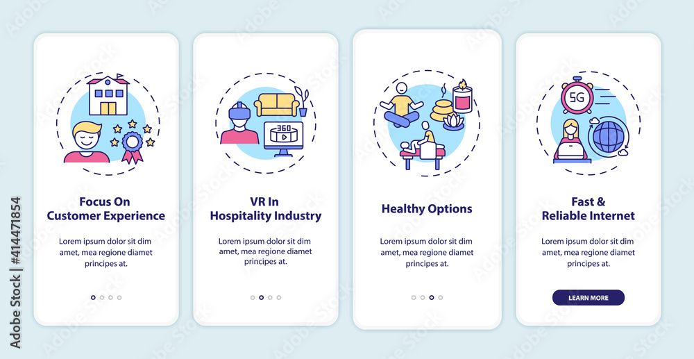 Business travel trends onboarding mobile app page screen with concepts. Focus on customer experience walkthrough 4 steps graphic instructions. UI vector template with RGB color illustrations Business travel trends onboarding mobile app page screen with concepts. Focus on customer experience walkthrough 4 steps graphic instructions. UI vector template with RGB color illustrations