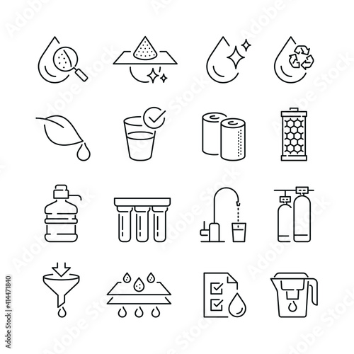 Water filtration related icons: thin vector icon set, black and white kit