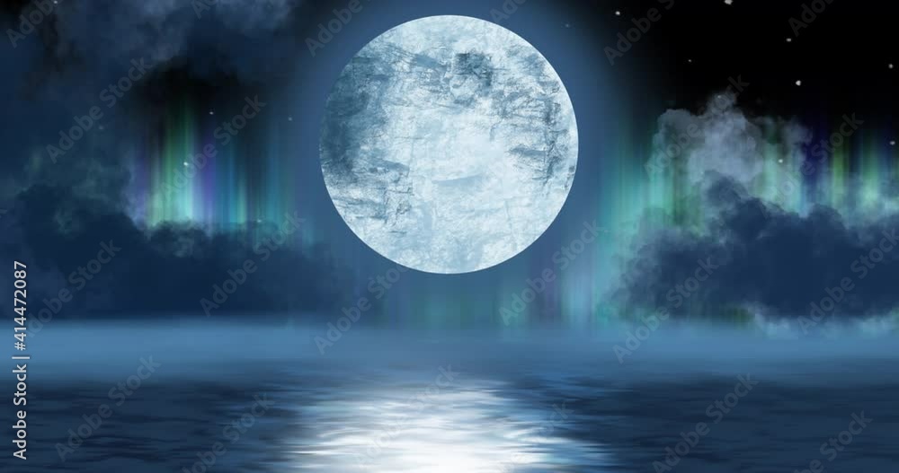 Animation of full moon hanging over water with aurora lights in night sky in background Animation of full moon hanging over water with aurora lights in night sky in background