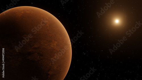 Space scene with a red planet and big star. 3D Rendering