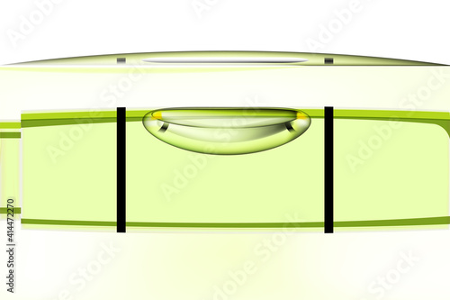 Green bubble level, tool isolated on white background. Macro view, construction instrument, realistic. Spirit level close up. Ruler engineering equipment. Vector illustration.