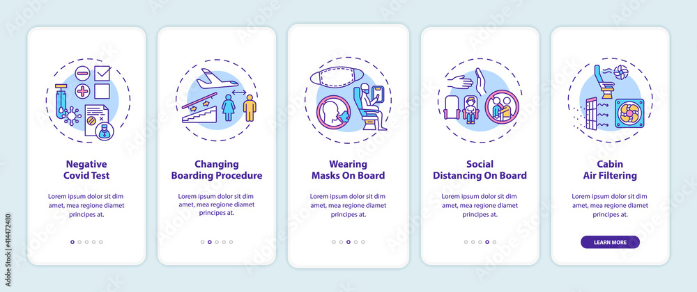 Lockdown travel rules onboarding mobile app page screen with concepts. Negative Covid test walkthrough 5 steps graphic instructions. UI vector template with RGB color illustrations