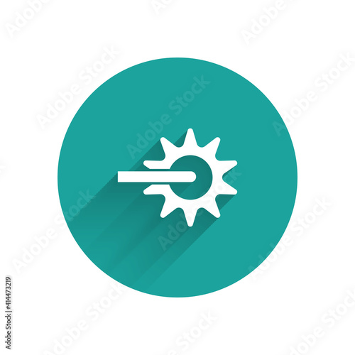 White Cowboy horse riding spur for boot icon isolated with long shadow. Green circle button. Vector.