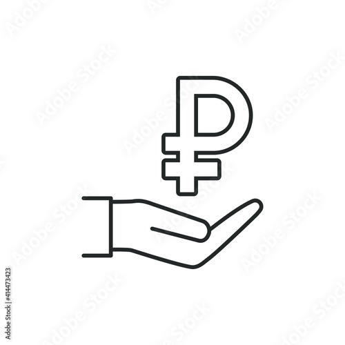 Rouble in hand line icon isolated on white background. Vector illustration